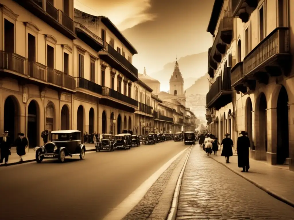 Ciudad histórica y longevidad Longevidad en sistemas de jubilación a lo largo de la historia - Imagen sepia con ciudad histórica y personas caminando en calles empedradas
