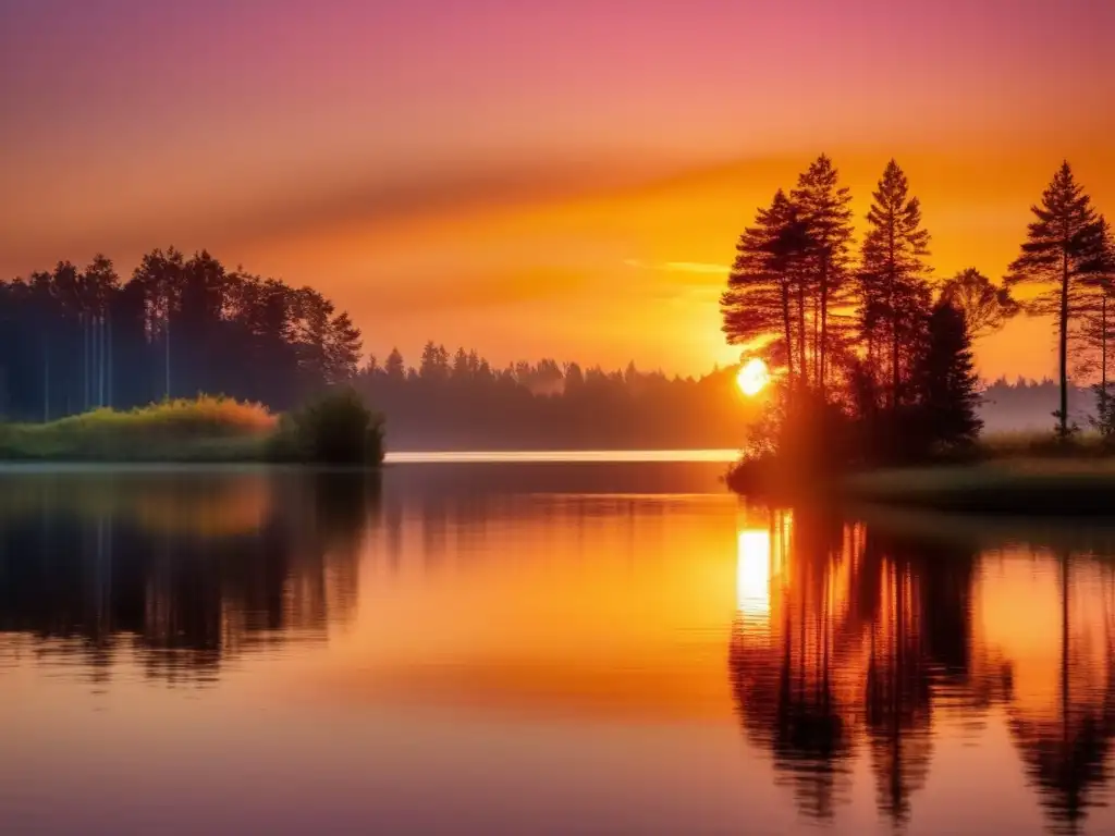 Majestuoso atardecer dorado sobre un lago tranquilo Majestuosa puesta de sol dorada sobre un lago tranquilo