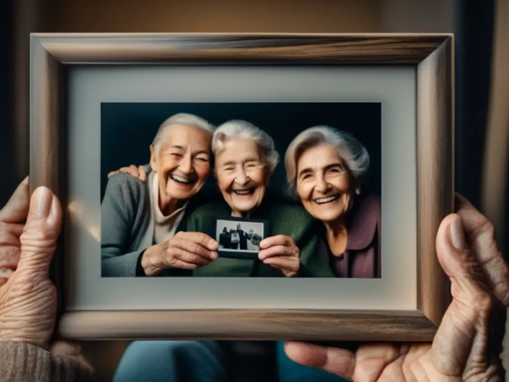 Manos envejecidas sosteniendo foto en sepia Manos enmarcadas con foto B&N, emoción y jubilación