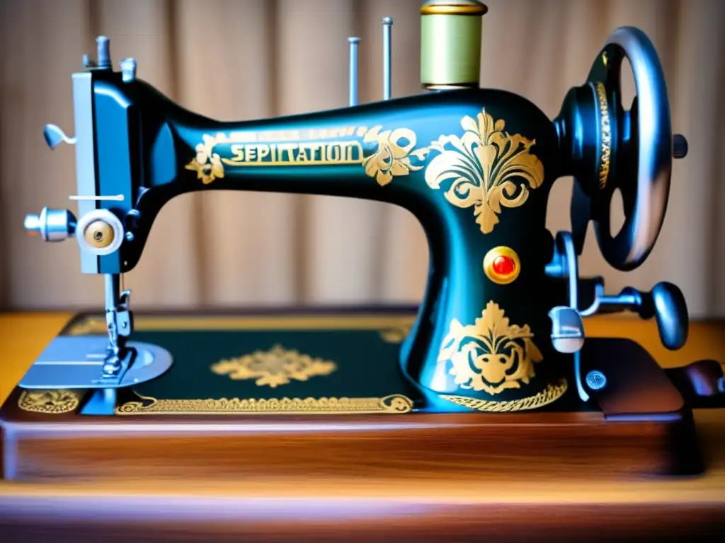 Diseño de moda en la jubilación Máquina de coser vintage en mesa de madera con hilos, telas y ventana con cortinas: Planificación de jubilación personalizada y creativa