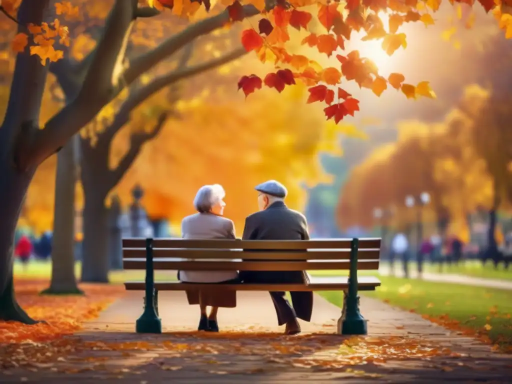 Pareja de ancianos en parque otoñal con historia de retiro Evolución histórica de la jubilación: pareja mayor sonriente en un banco rodeado de hojas otoñales, con superposición sutil de línea temporal
