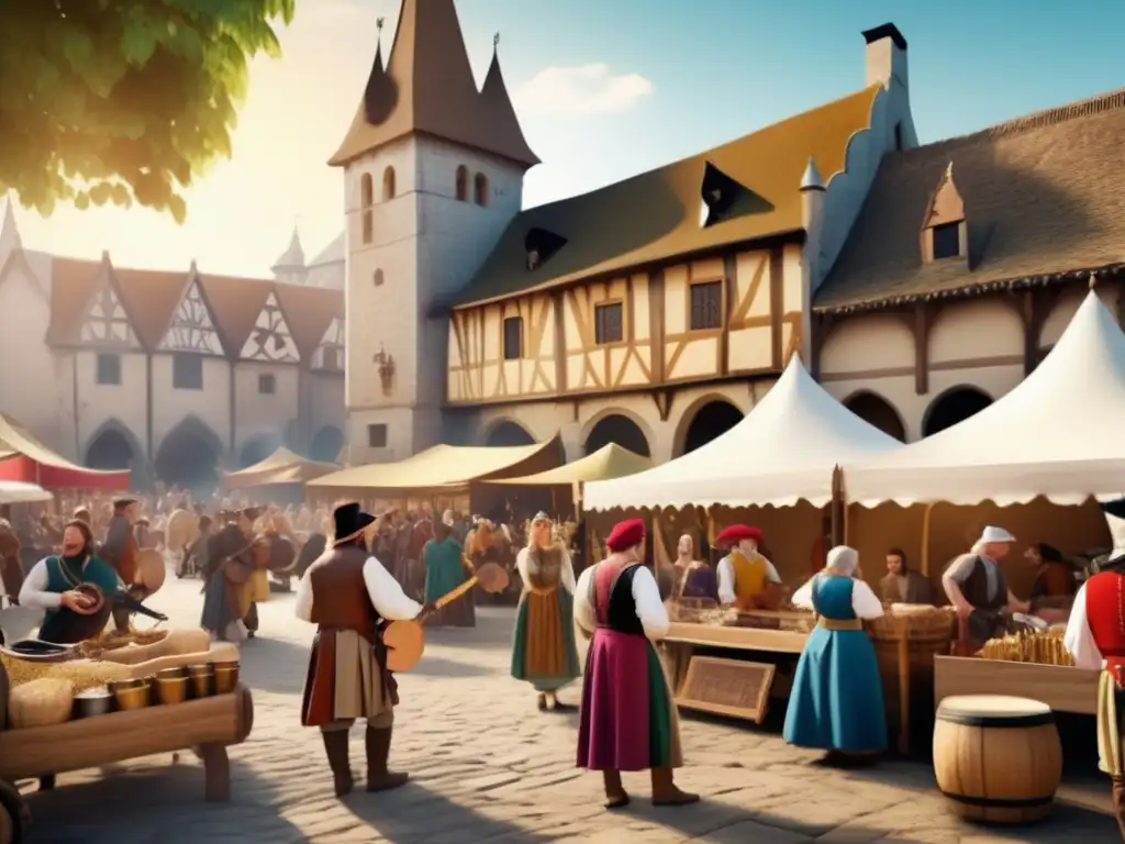 Mercado medieval lleno de vida Mercado medieval con música, artesanía y arquitectura histórica