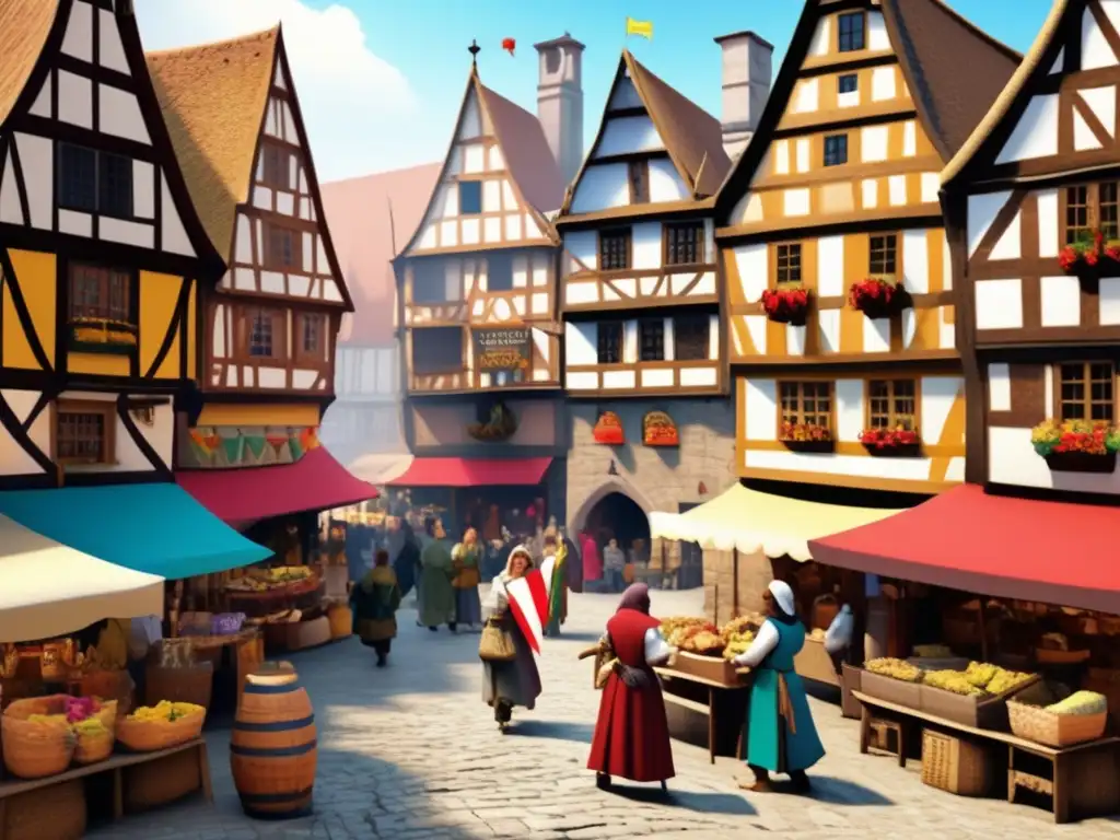 Mercado medieval vibrante en sepia Mercado medieval con vida y color, en una pintoresca plaza con edificios de madera y calles empedradas