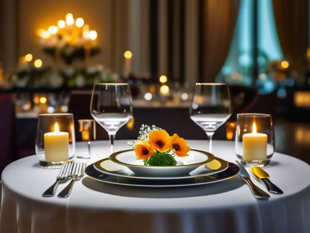 Mesa elegante en restaurante gourmet Mesa elegante con vajilla fina y floral, evoca elegancia y refinamiento