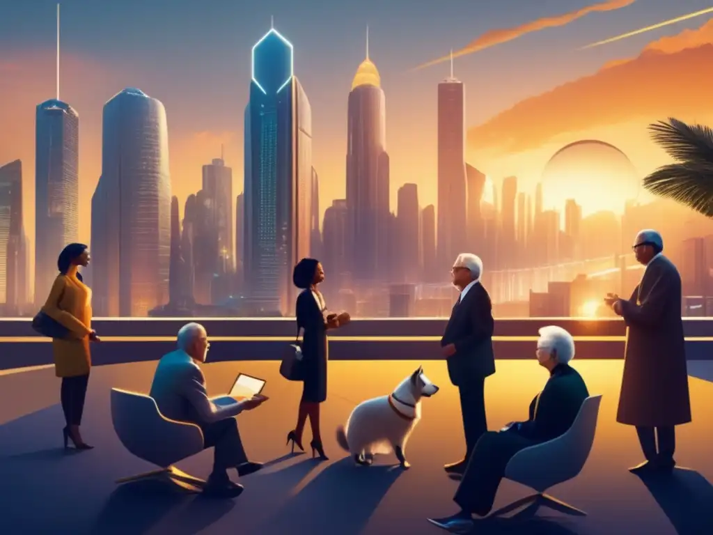 Modalidades jubilación en era digital: ciudad futurista al atardecer, rascacielos iluminados, personas mayores conversando