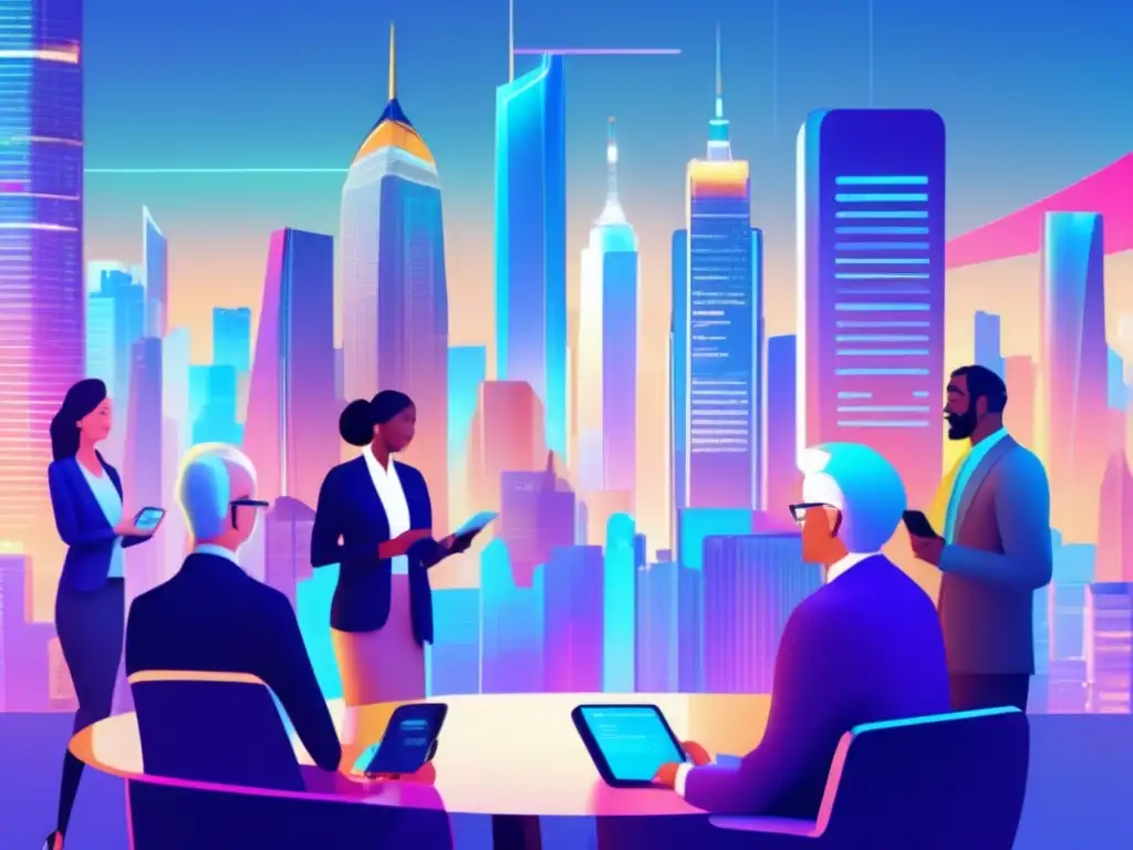 Modalidades de jubilación en la era digital: Futurista ciudad con rascacielos, pantallas digitales y personas discutiendo