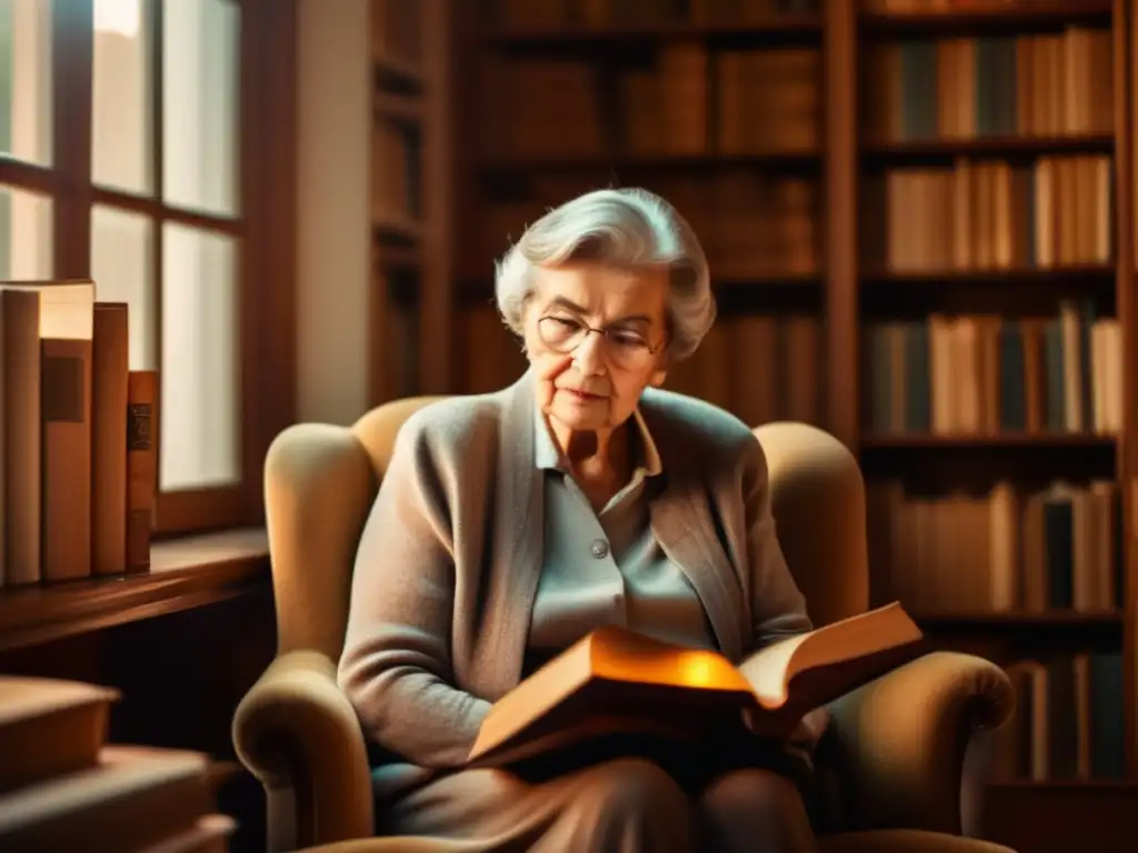 Sabiduría y legado en sepia Mujer de edad sentada en silla rodeada de libros vintage, iluminada por luz suave