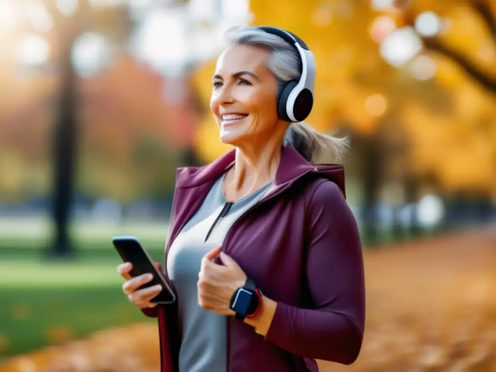 Mujer madura en ropa deportiva con tecnología y naturaleza Mujer madura en ropa deportiva, parada en un parque con follaje otoñal
