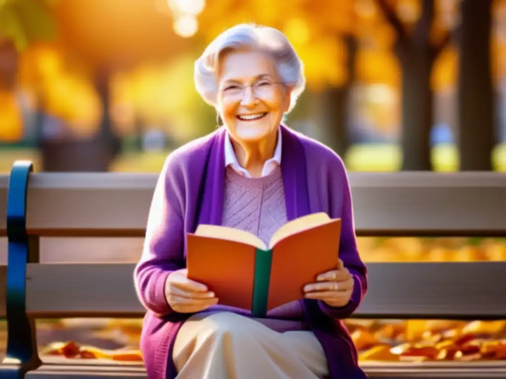 Mujer mayor disfrutando la jubilación con voluntariado Mujer mayor en banco rodeada de hojas otoñales, sonriente, leyendo libro