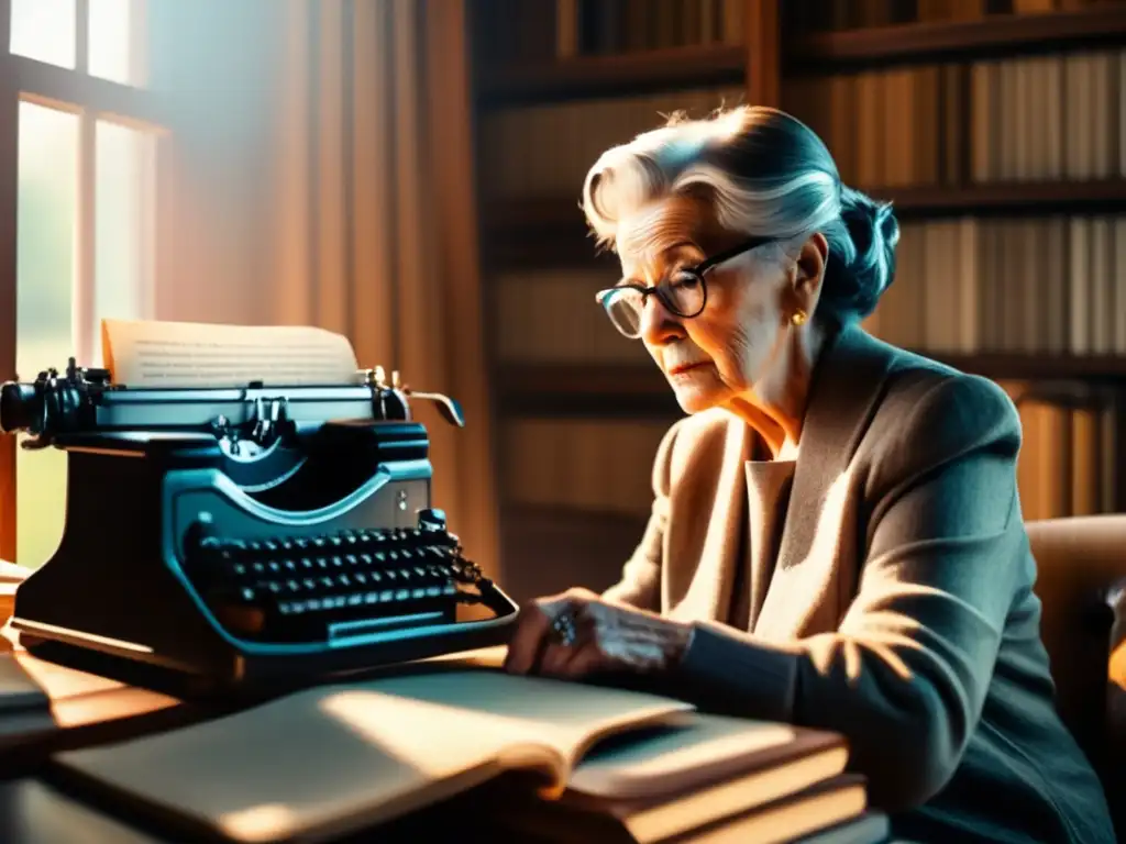 Mujer mayor escribiendo en su escritorio rodeada de libros Mujer mayor trabajando en escritorio: Planificación de jubilación inspiradora y activismo
