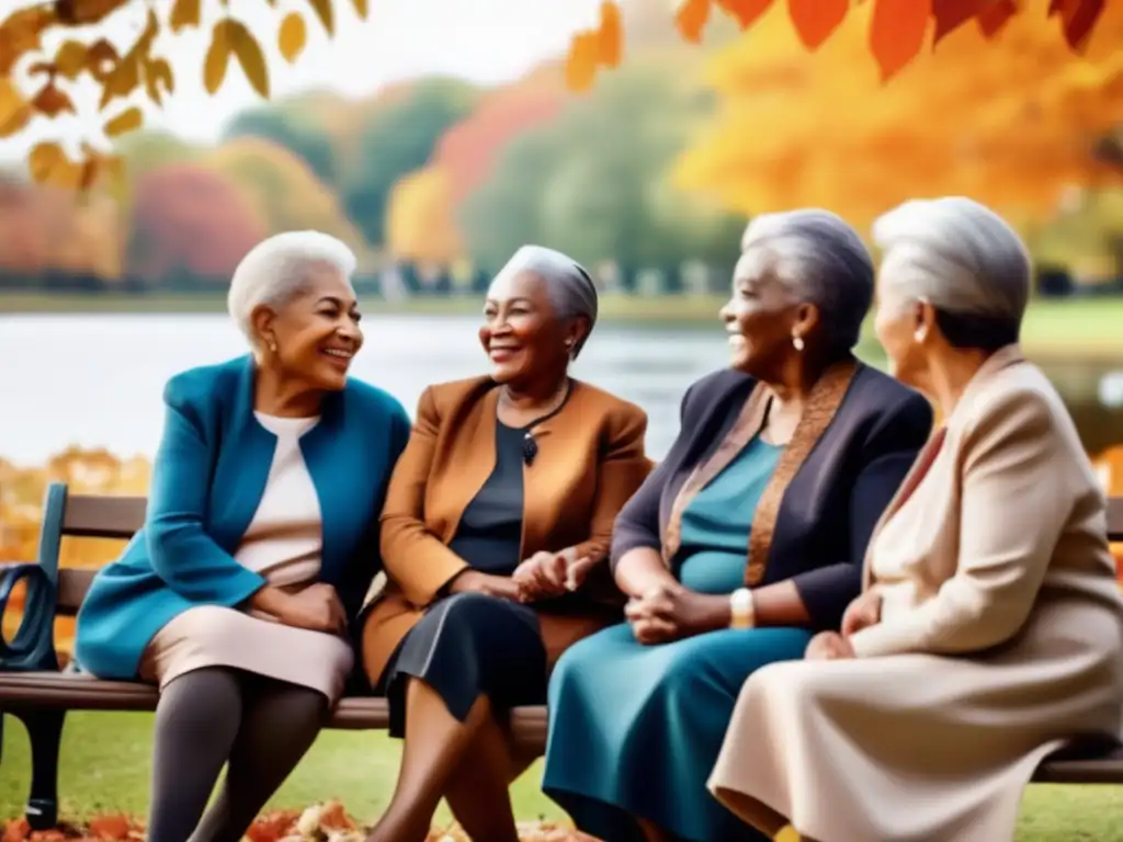 Mujeres mayores empoderadas en un parque Mujeres jubiladas en un parque, compartiendo sabiduría y luchando por la igualdad de género en la planificación financiera