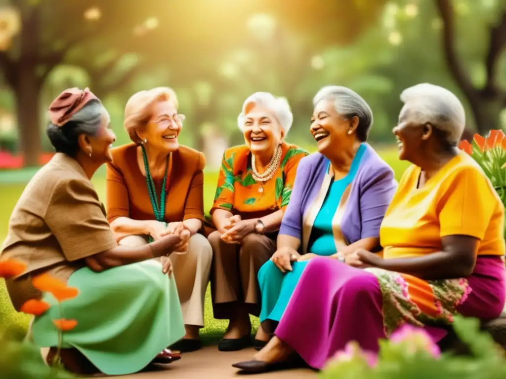 Sabiduría compartida en el parque Mujeres mayores en parque, conversando y riendo