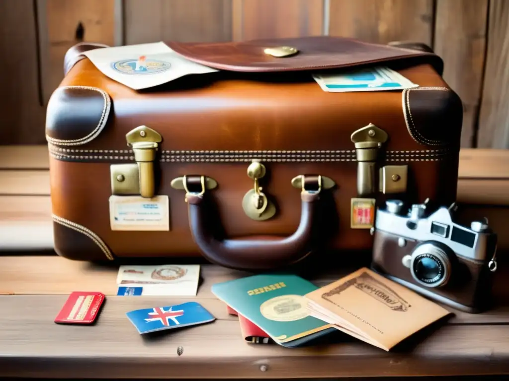 Maleta vintage con elementos de viaje Ofertas de viajes para jubilados: Maleta vintage en mesa de madera con elementos de viaje y accesorios