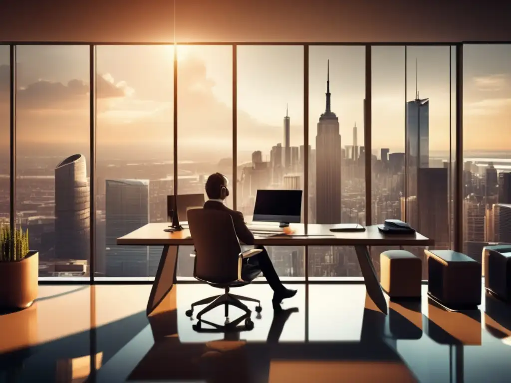 Oficina moderna con vista panorámica y tecnología avanzada Oficina moderna con vista panorámica de la ciudad, equipada con tecnología de vanguardia
