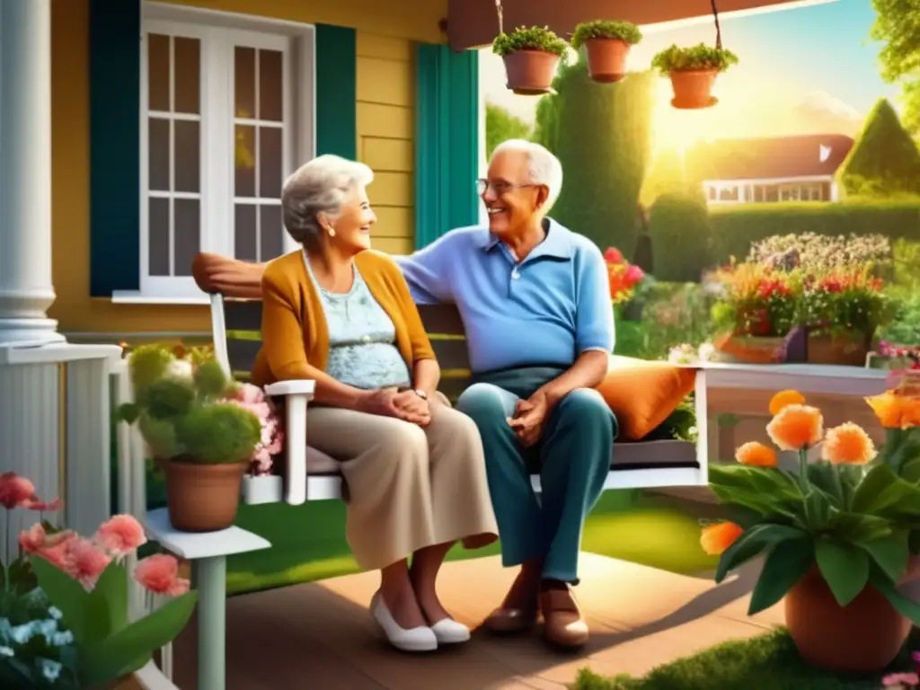Pareja de ancianos disfrutando su retiro Opciones de financiamiento para viviendas en la tercera edad, pareja en un porche con jardín y comunidad de retiro