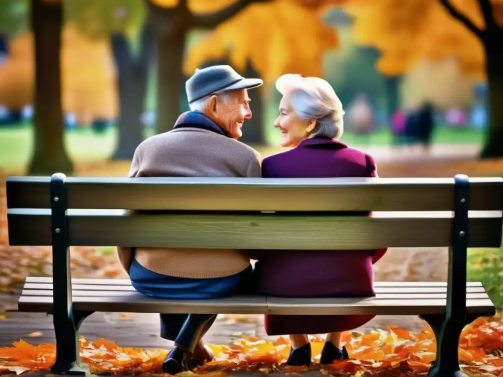 Amor y felicidad en la tercera edad Opciones financieras para viviendas en la tercera edad: Pareja de ancianos felices en el parque, rodeados de hojas otoñales y tomados de la mano
