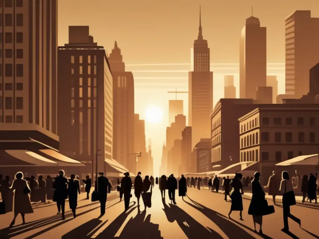 Amanecer en la ciudad: energía y transición Oportunidades de inversión para jubilación segura: ciudad al amanecer con tonos sepia, rascacielos y gente transitando