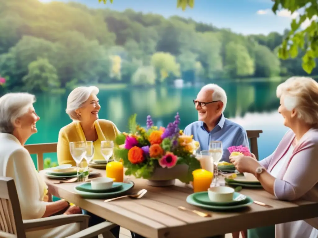 Encuentro de jubilados al aire libre Organización de eventos en jubilación: Retirados disfrutando de una comida al aire libre rodeados de naturaleza y compañía