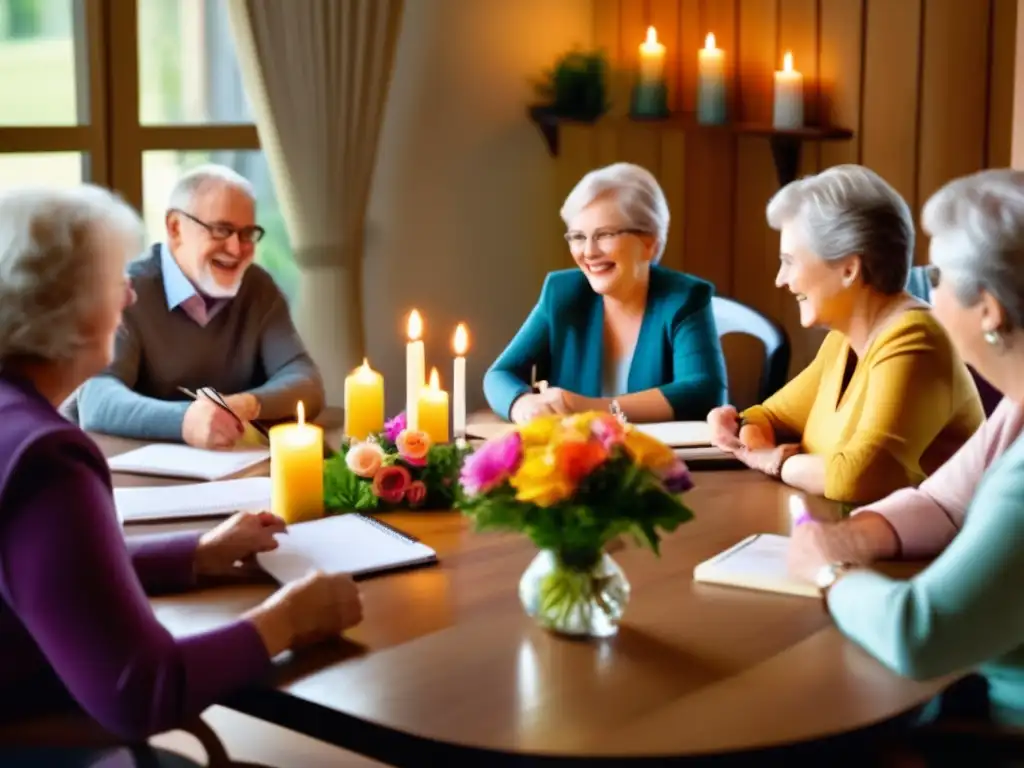 Reunión de jubilados con conexión y conocimiento Organización de eventos en jubilación: Retirados participando en reunión, compartiendo ideas y creando recuerdos