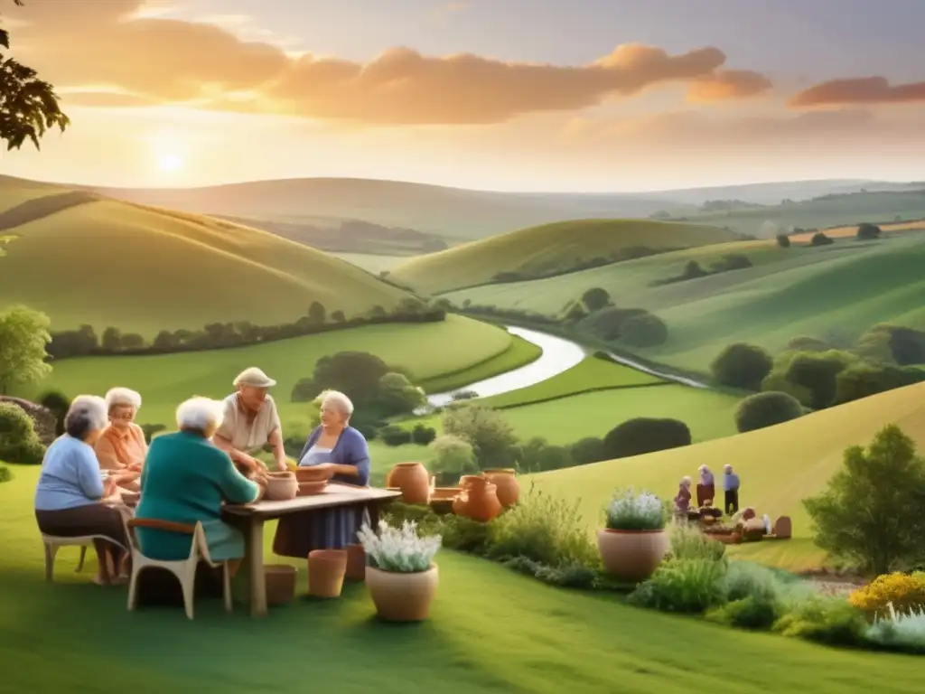 Retirados compartiendo habilidades en el campo Paisaje de campo al atardecer con trueque de habilidades en planificación jubilación próspera