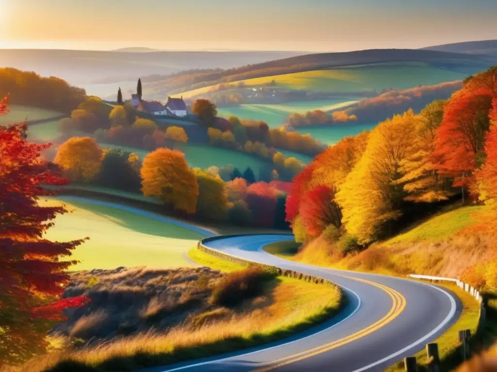 Camino otoñal en la campiña Paisaje otoñal con camino sinuoso hacia un encantador pueblo en colinas - Planificación de jubilación económica y emocional en road trip