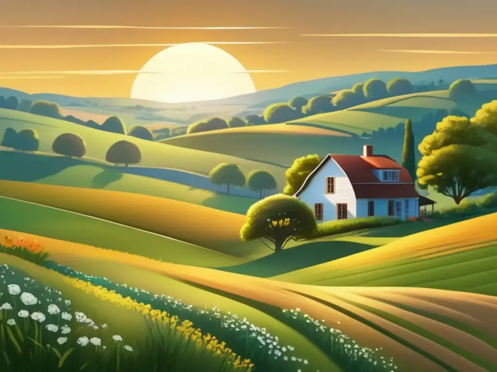 Paisaje campestre sereno y nostálgico Paisaje sereno de campo con colinas verdes y casa antigua rodeada de flores silvestres - Planificación herencias y jubilación