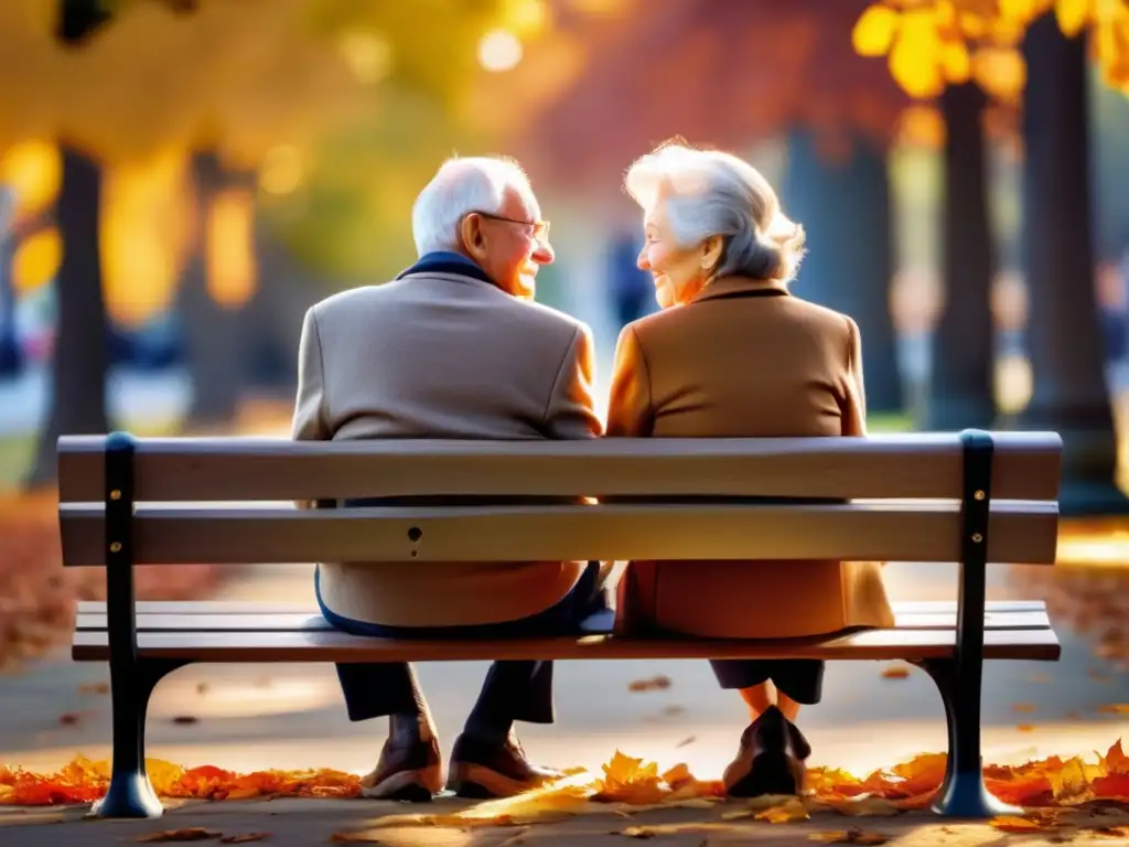 Amor y sabiduría en el otoño Pareja anciana en banco de parque, amor y cuidado en cuidado a largo plazo, sin discriminación por edad