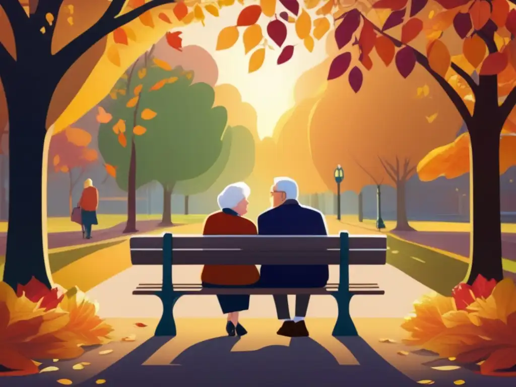 Amor y cuidado en la tercera edad Pareja anciana en banco rodeada de hojas otoñales, reflejando amor duradero y planificación financiera para el cuidado a largo plazo
