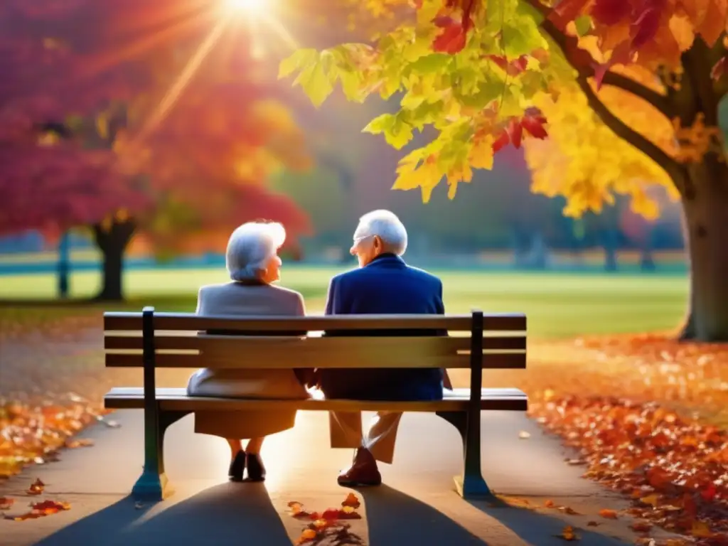 Pareja de ancianos disfrutando la vida juntos Pareja anciana en banco de parque, serenidad y leyes de jubilación (110 caracteres)