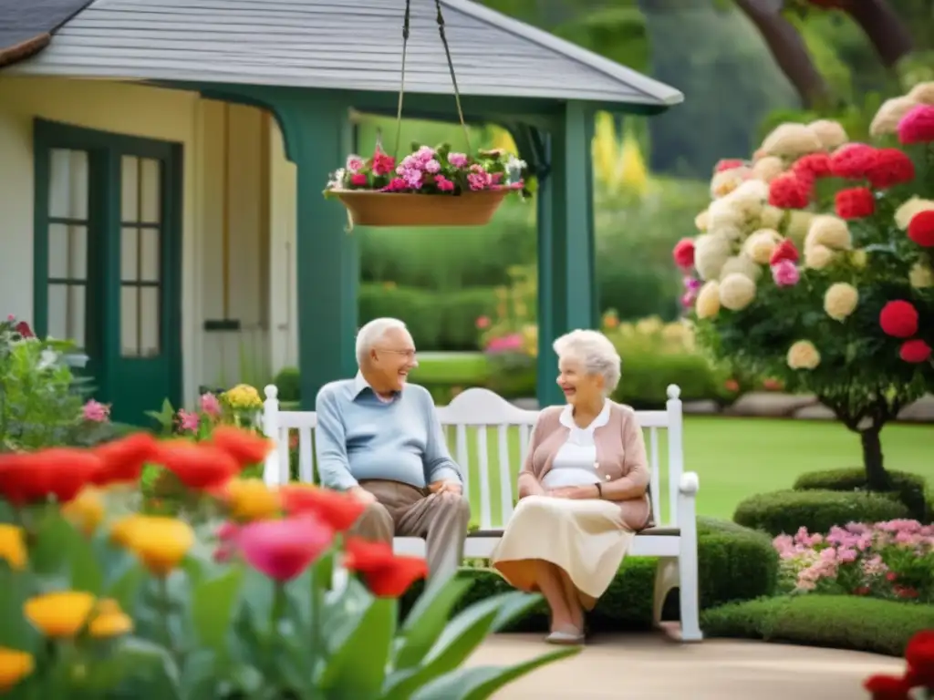 Pareja mayor disfrutando de la serenidad del jardín Pareja anciana disfrutando de un tranquilo jardín - Seguridad para jubilados en la planificación de jubilación
