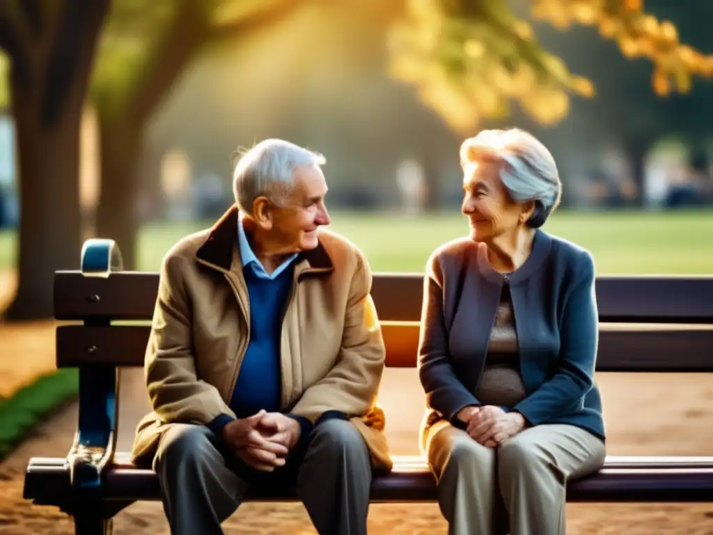 Pareja de ancianos disfrutando del amor y la vida en el parque Pareja de ancianos en banco de parque, amor y belleza del envejecimiento - Beneficios y costos del seguro de cuidado a largo plazo