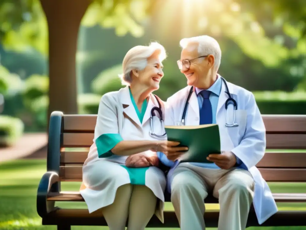 Pareja mayor disfrutando del cuidado médico Pareja de ancianos en un banco de madera rodeados de árboles
