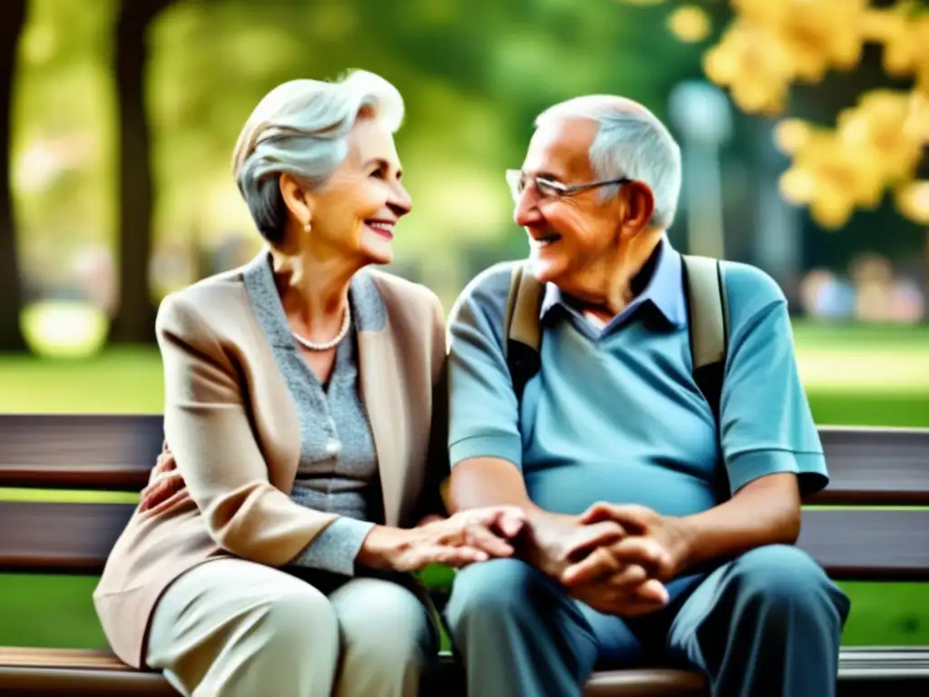 Amor y comunicación en el banco del parque Pareja de ancianos en un banco del parque, comunicación efectiva en la tercera edad: consejos para mejorar el diálogo
