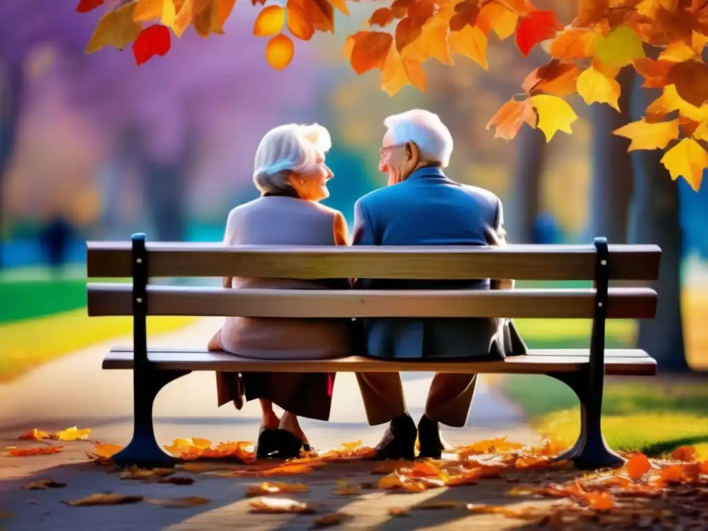 Amor y felicidad en el otoño Pareja de ancianos en un banco del parque, manos entrelazadas, expresan amor y felicidad