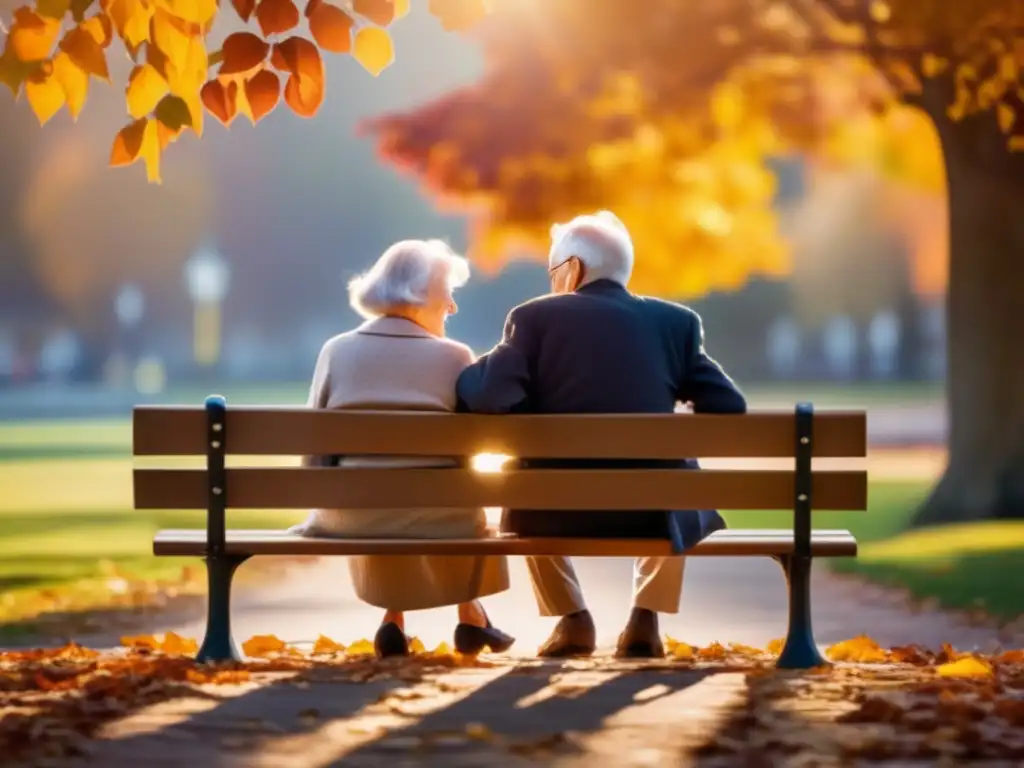 Pareja de ancianos en banco del parque, luz dorada y nostálgica Pareja de ancianos en un banco de parque bañados por la cálida luz dorada, con efecto sepia