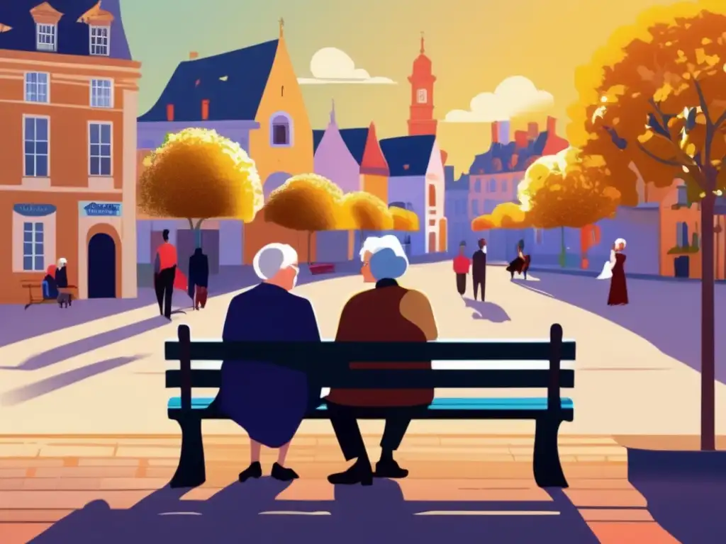 Pareja anciana conversando en un parque histórico Pareja de ancianos conversando en un banco del parque rodeado de edificios históricos en una plaza pintoresca