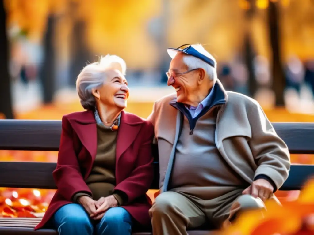 Pareja riendo en el parque otoñal Pareja de ancianos riendo en un banco del parque - Beneficios del humor en la jubilación