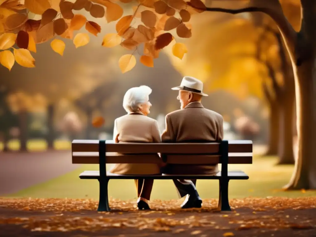 Amor eterno en el otoño Pareja de ancianos en un banco rodeados de hojas otoñales, símbolo de amor y jubilación