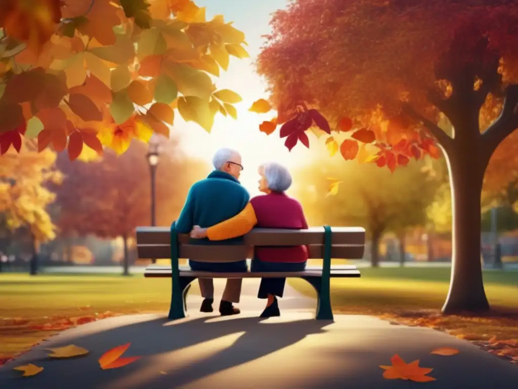 Pareja de ancianos disfrutando del otoño en un banco del parque Pareja de ancianos en banco rodeados de hojas otoñales
