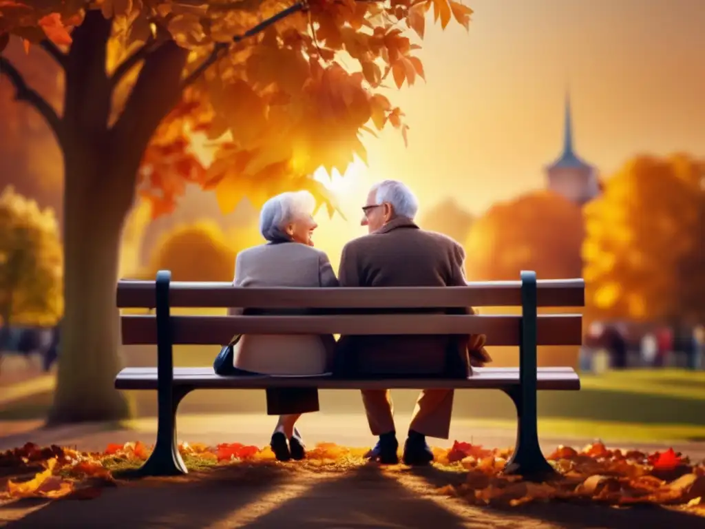 Pareja de ancianos felices en el parque Pareja de ancianos felices en un banco rodeados de hojas otoñales