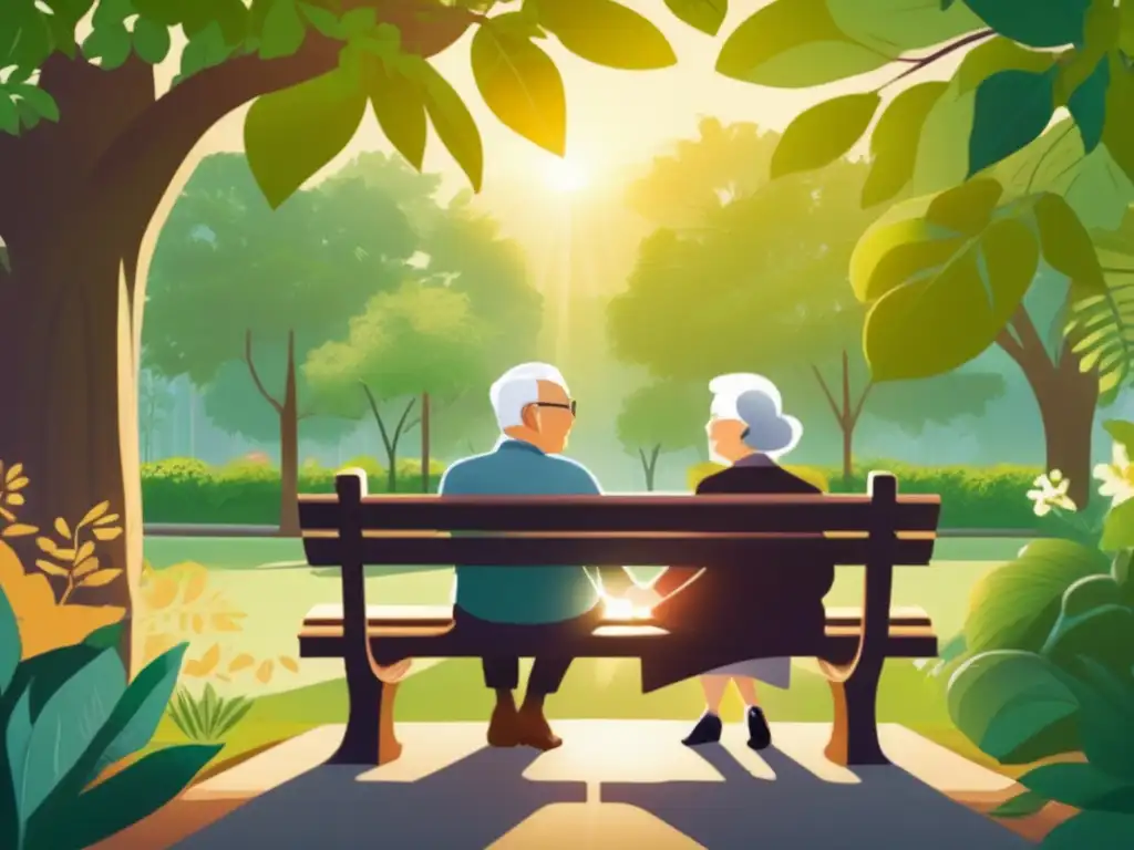 Felicidad y progreso: Retirados disfrutando del bienestar Pareja de ancianos felices en un banco rodeados de naturaleza y niños jugando