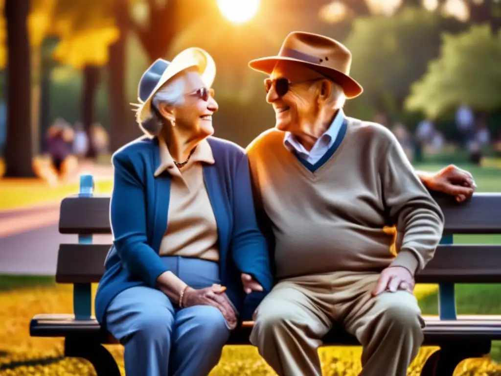 Pareja feliz disfrutando del atardecer Pareja de ancianos felices en banco de parque al atardecer