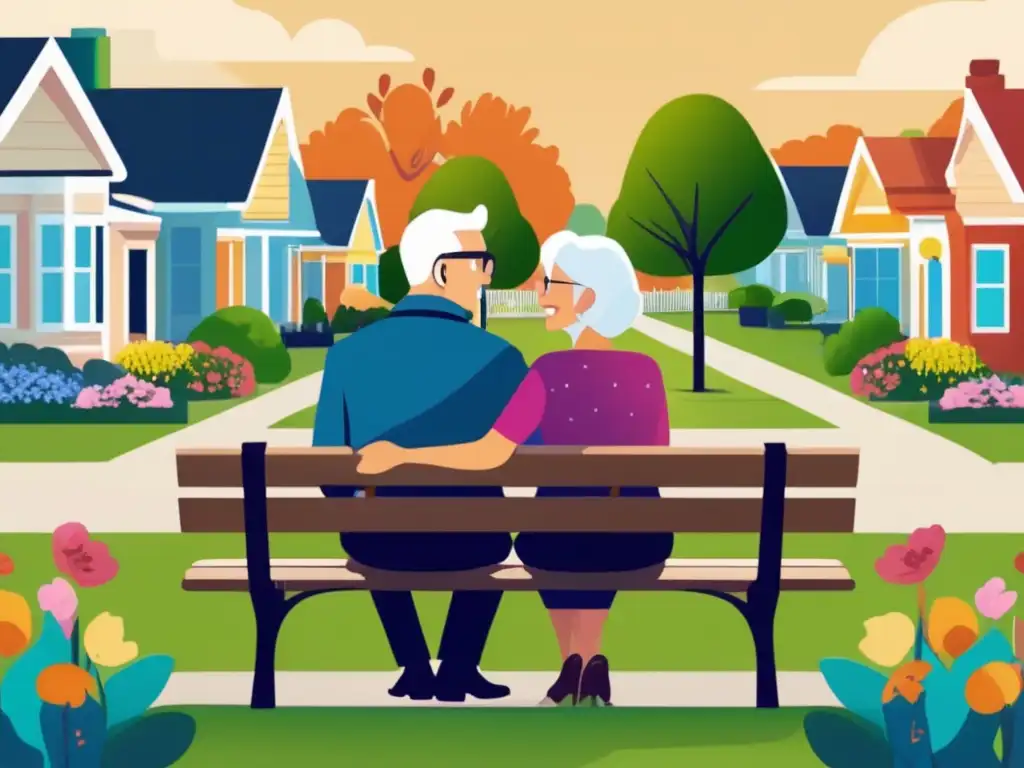 Pareja de ancianos felices en un vecindario seguro y apoyador Pareja de ancianos felices en un banco del parque rodeados de una comunidad segura y solidaria