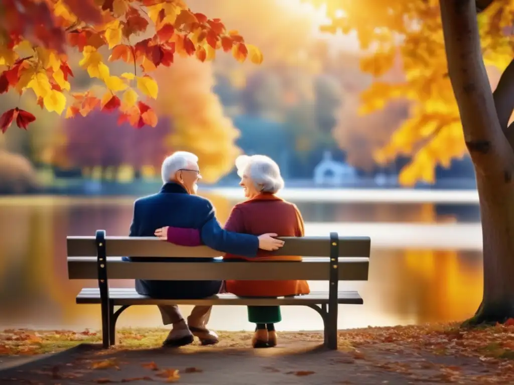 Pareja de ancianos disfrutando del otoño y la jubilación Pareja de ancianos disfrutando del otoño en un banco del parque - Beneficios de la planificación de jubilación integral