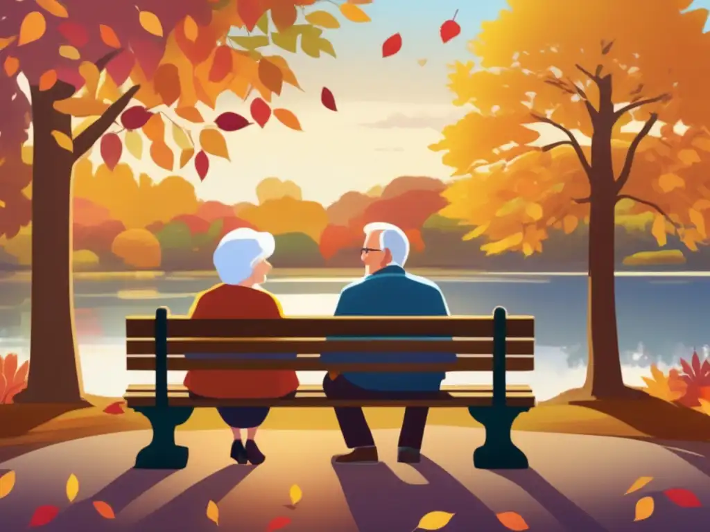 Amor y felicidad en la vejez Pareja de ancianos disfrutando del otoño, reflejando el impacto financiero de la jubilación por cesantía