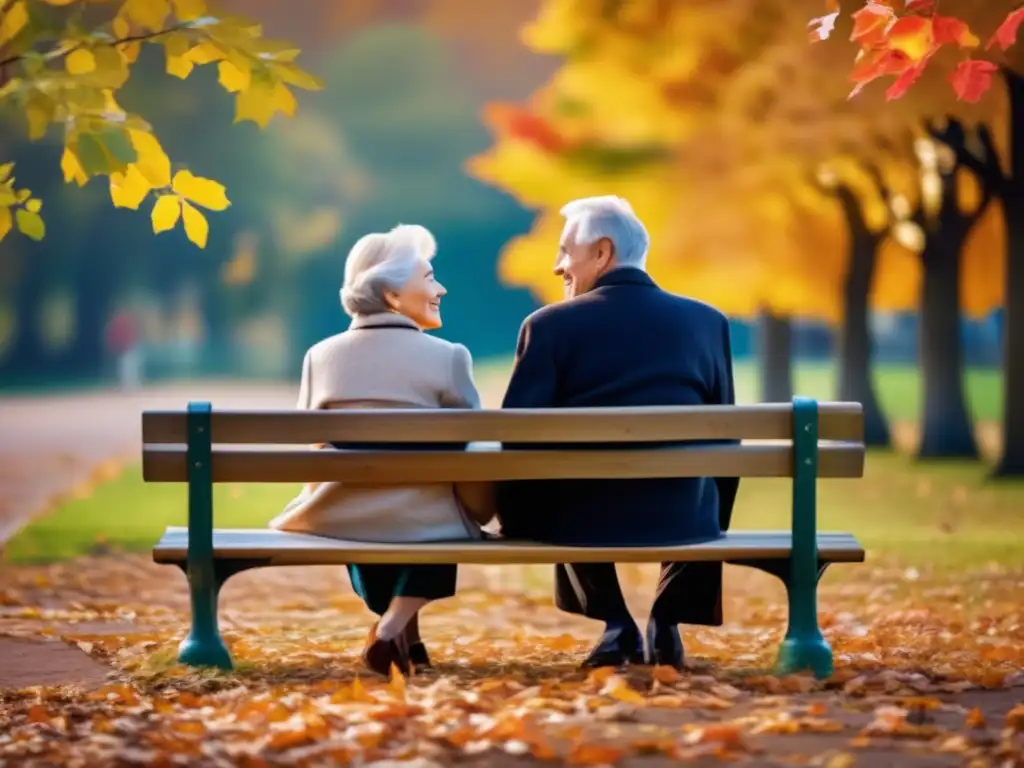 Pareja de ancianos en el parque, rodeados de otoño vibrante