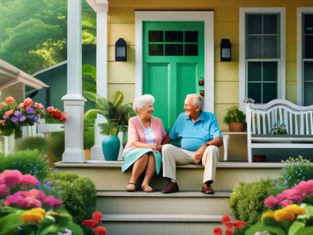 Pareja feliz disfruta su retiro con seguridad Pareja de ancianos en su porche rodeados de vegetación y flores, sonrientes y tomados de la mano