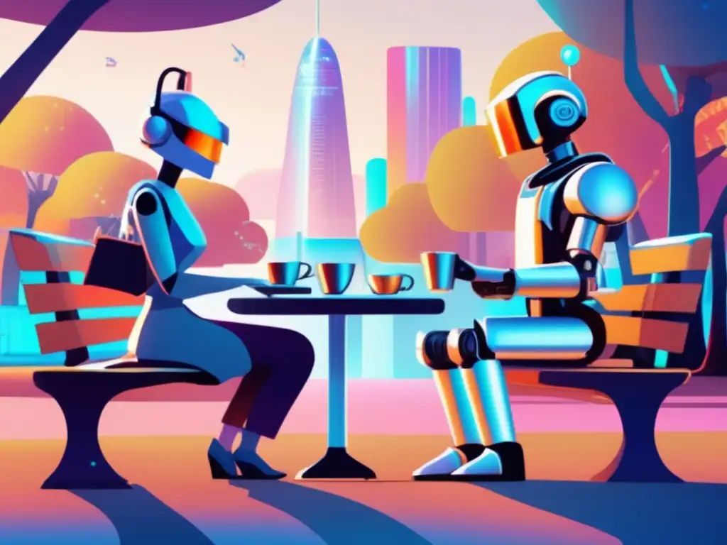 Pareja de ancianos rodeada de robots futuristas An elderly couple with futuristic robots, showcasing retirement planning with integrated robots