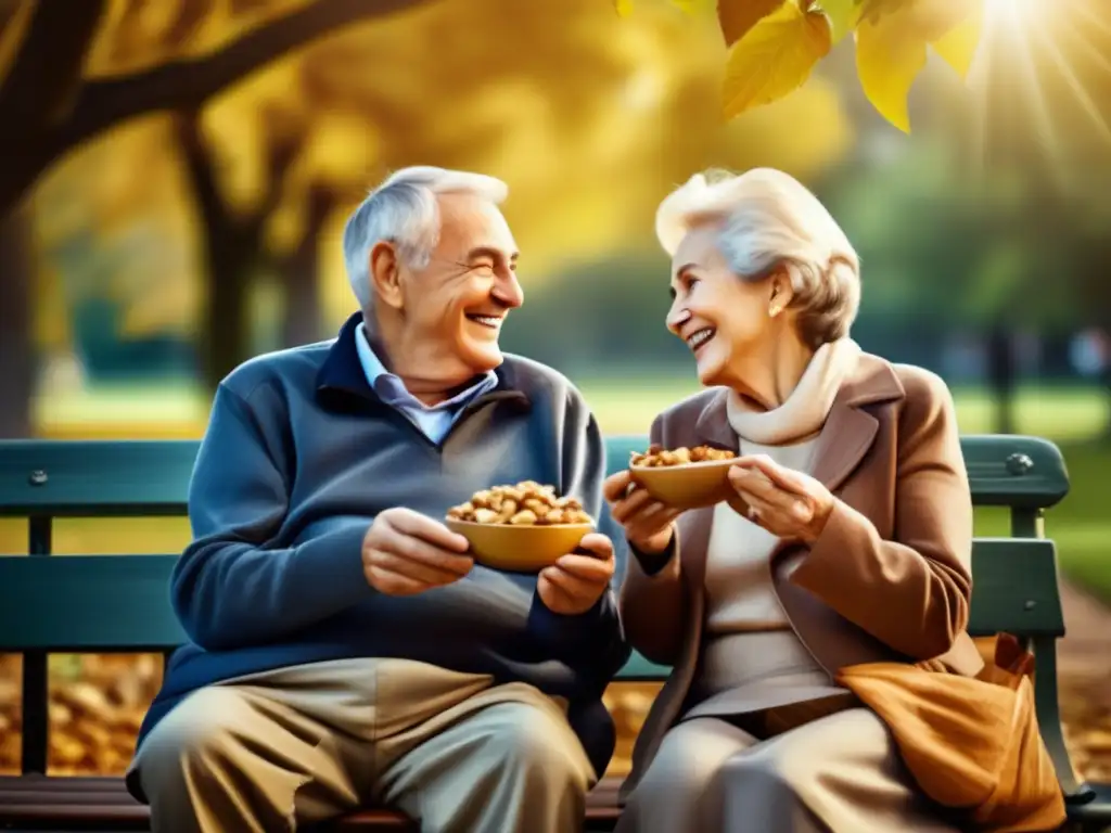 Pareja mayor disfrutando de un saludable snack en el parque Pareja de ancianos disfrutando de un snack saludable de frutos secos en un banco del parque