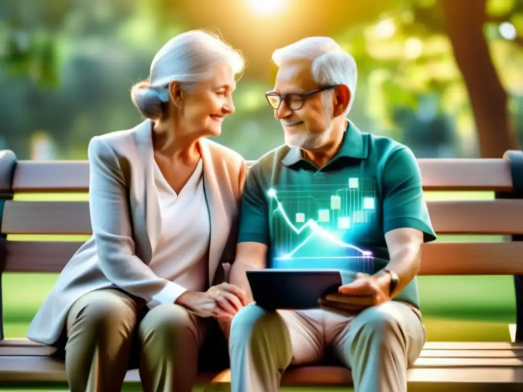 Pareja mayor disfrutando de la IA Pareja en banco de parque: IA en jubilación financiera